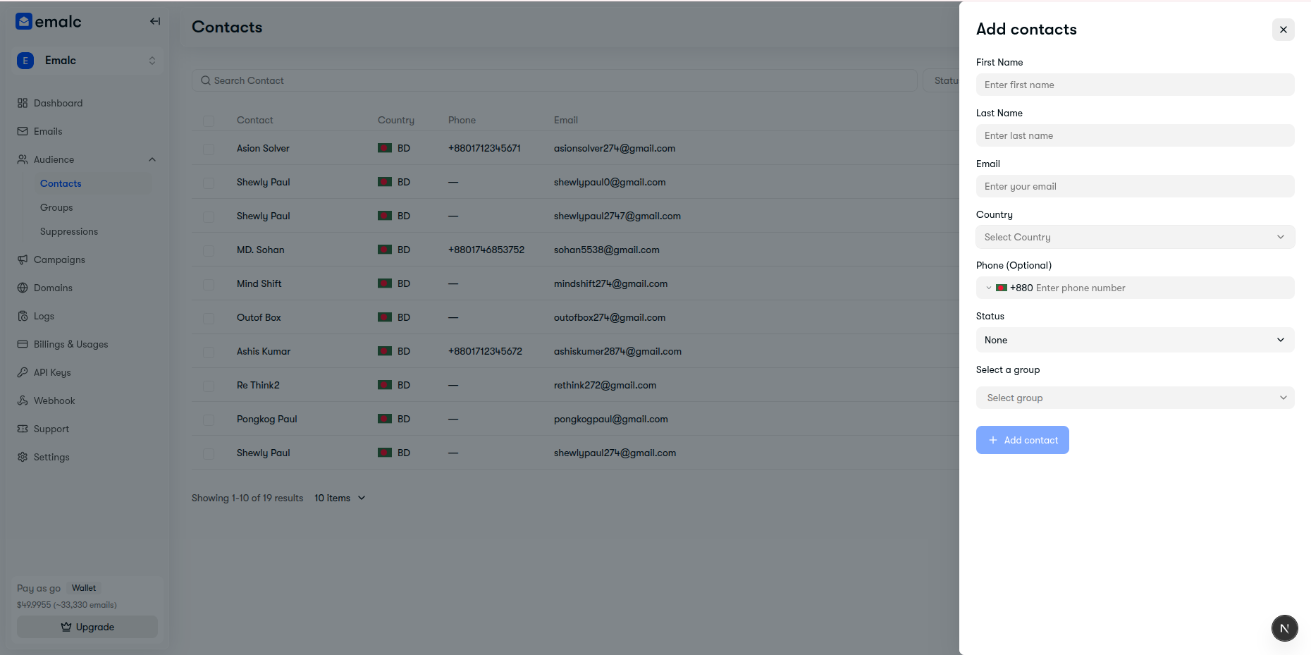 Manual Add Contacts slide-over panel with name, email, country, and status fields