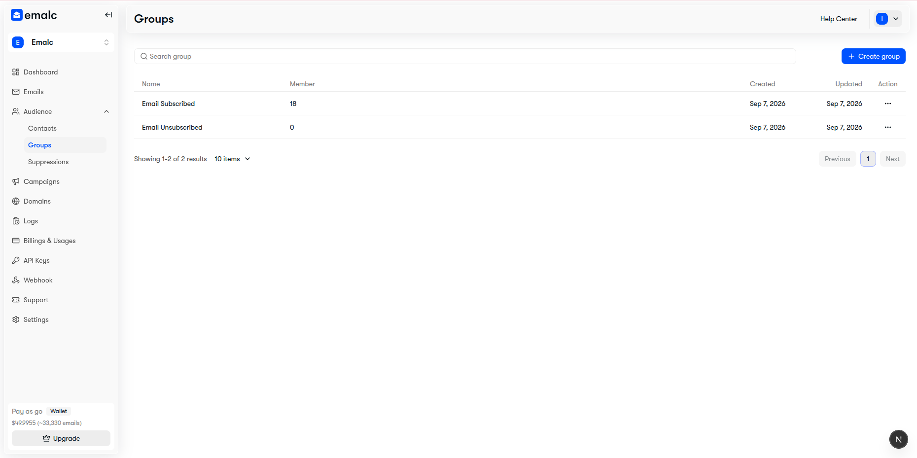 Audience Groups table showing system default groups and member counters