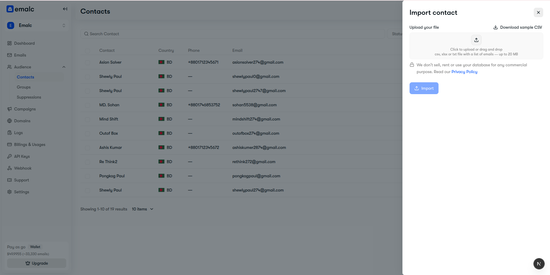 CSV Import drawer with drag-and-drop file uploader and sample CSV download button