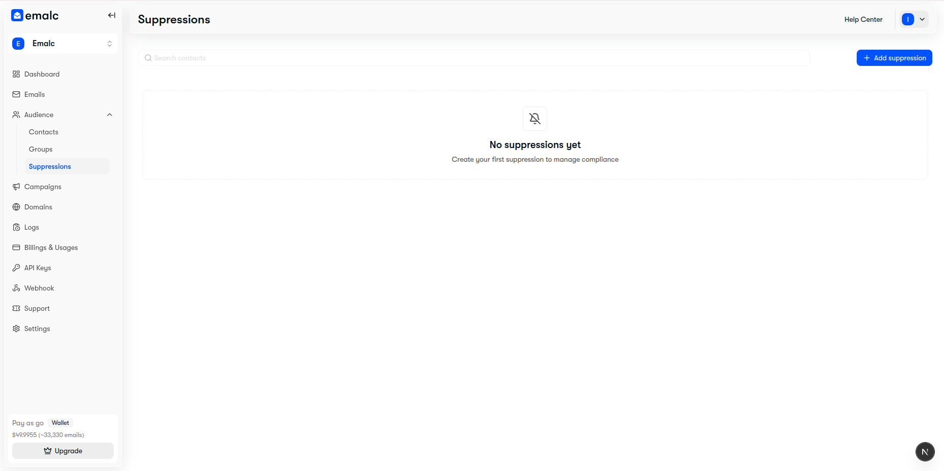Audience Suppressions table showing compliance management toolbar and add suppression action