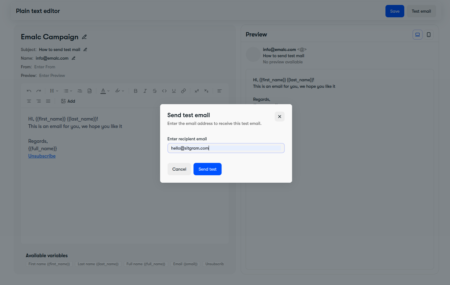 Send test email modal asking for recipient email address