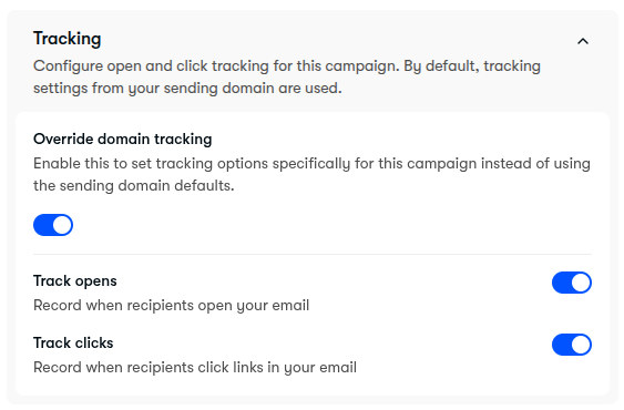 Override domain tracking toggles for Track opens and Track clicks