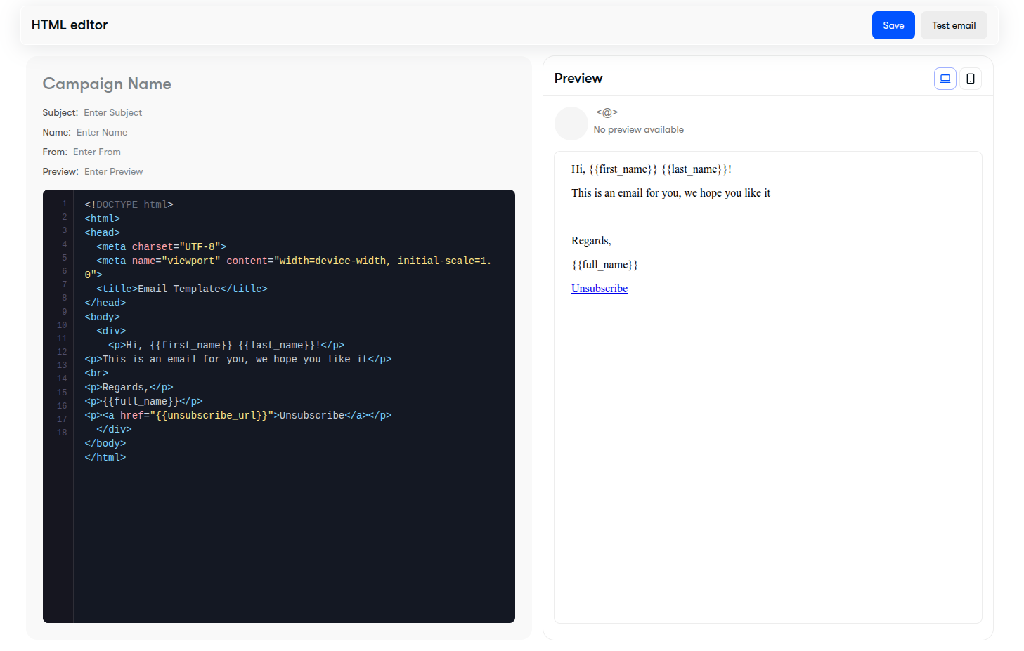 HTML code editor showing syntax-highlighted code on the left and live responsive preview on the right