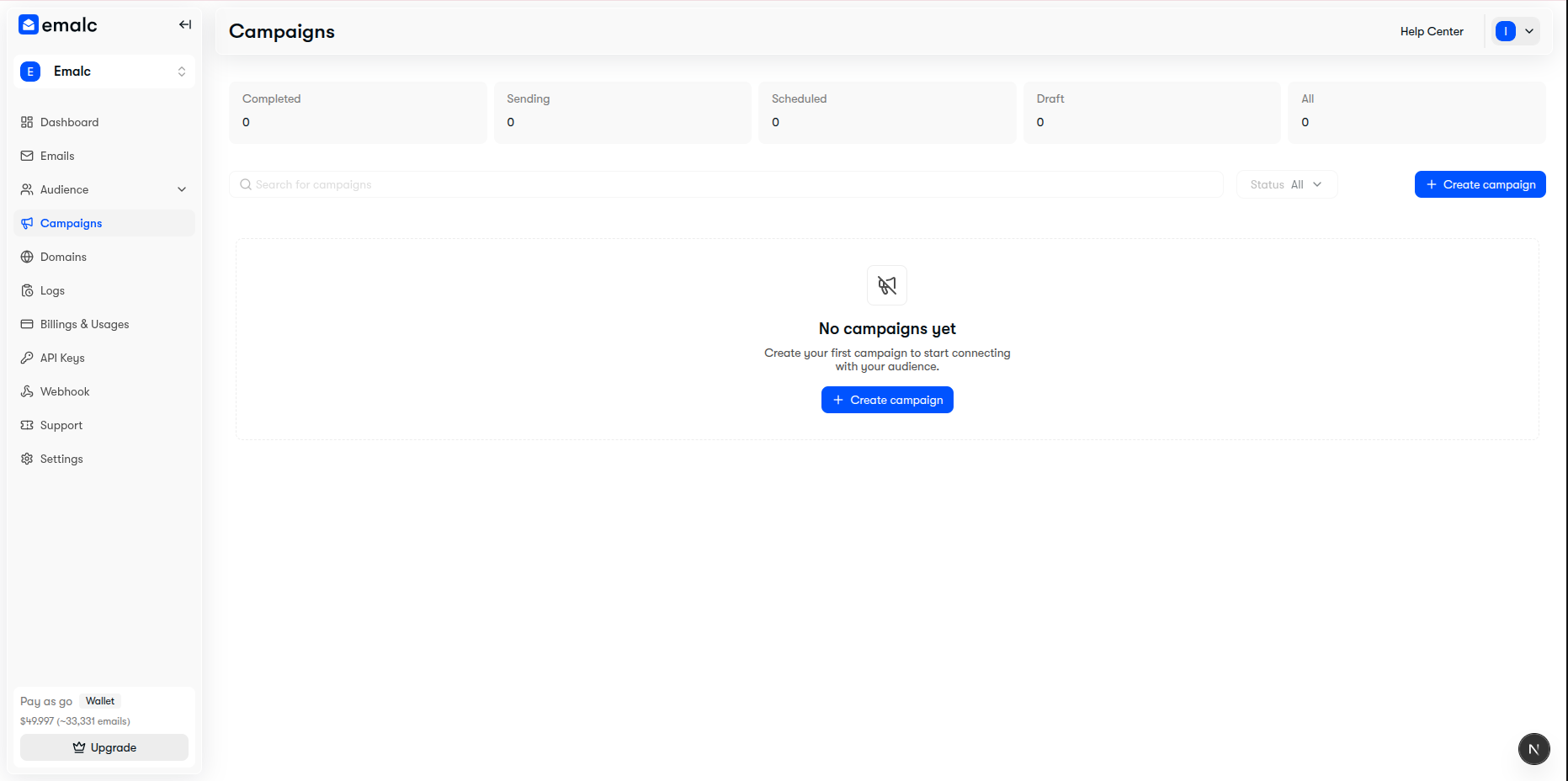Campaigns dashboard showing overview metrics, search, filter, and Create Campaign button