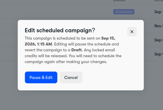Pause and edit scheduled campaign confirmation modal