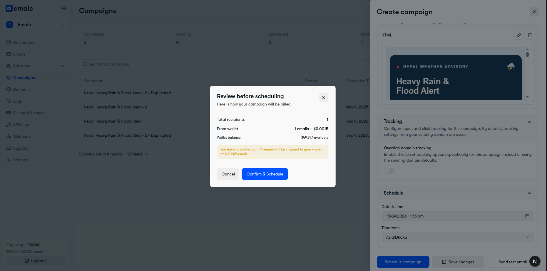 Preflight review modal showing total recipients, wallet cost calculation, and confirmation action