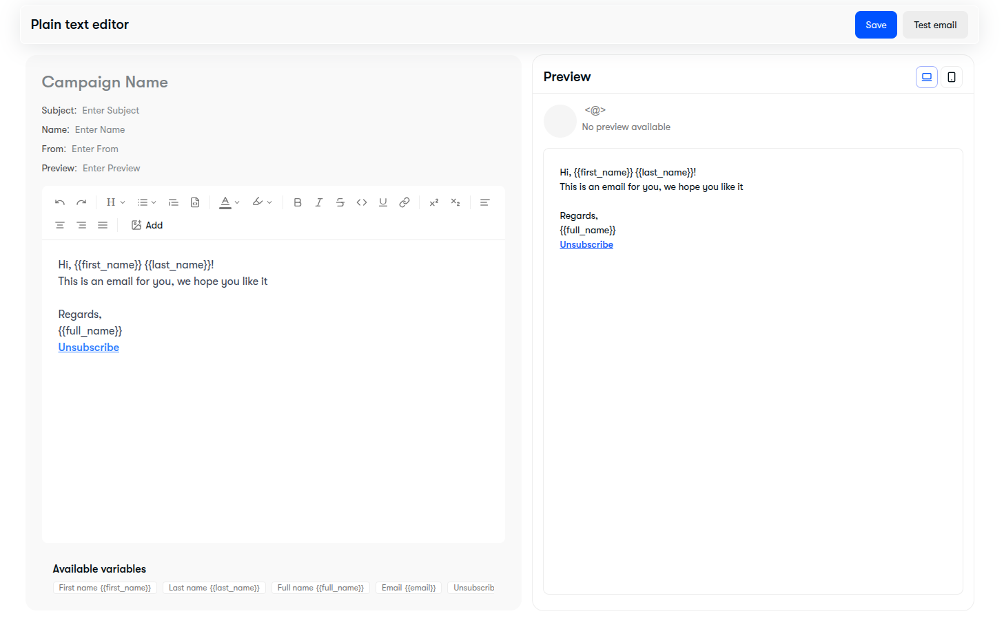 Plain text editor showing metadata header, formatting toolbar, variables footer, and live preview