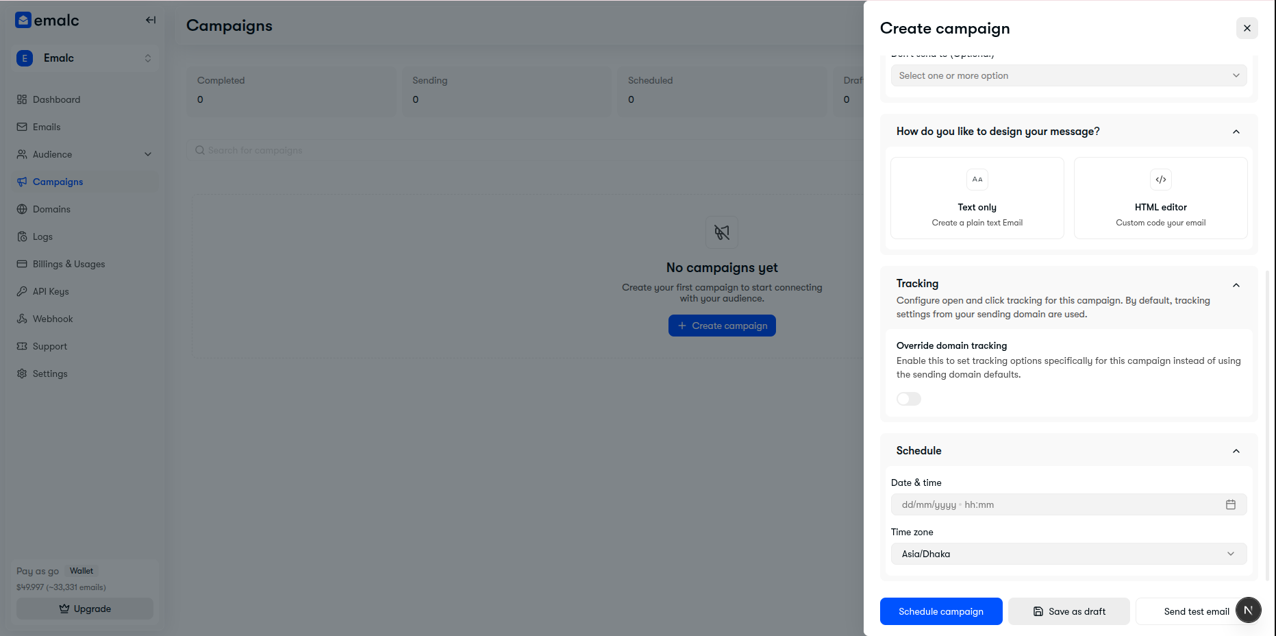 Tracking and Schedule sections in the campaign drawer