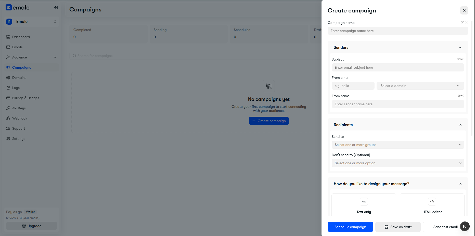 Create campaign drawer showing Campaign Name, Senders, Recipients, and Message Design