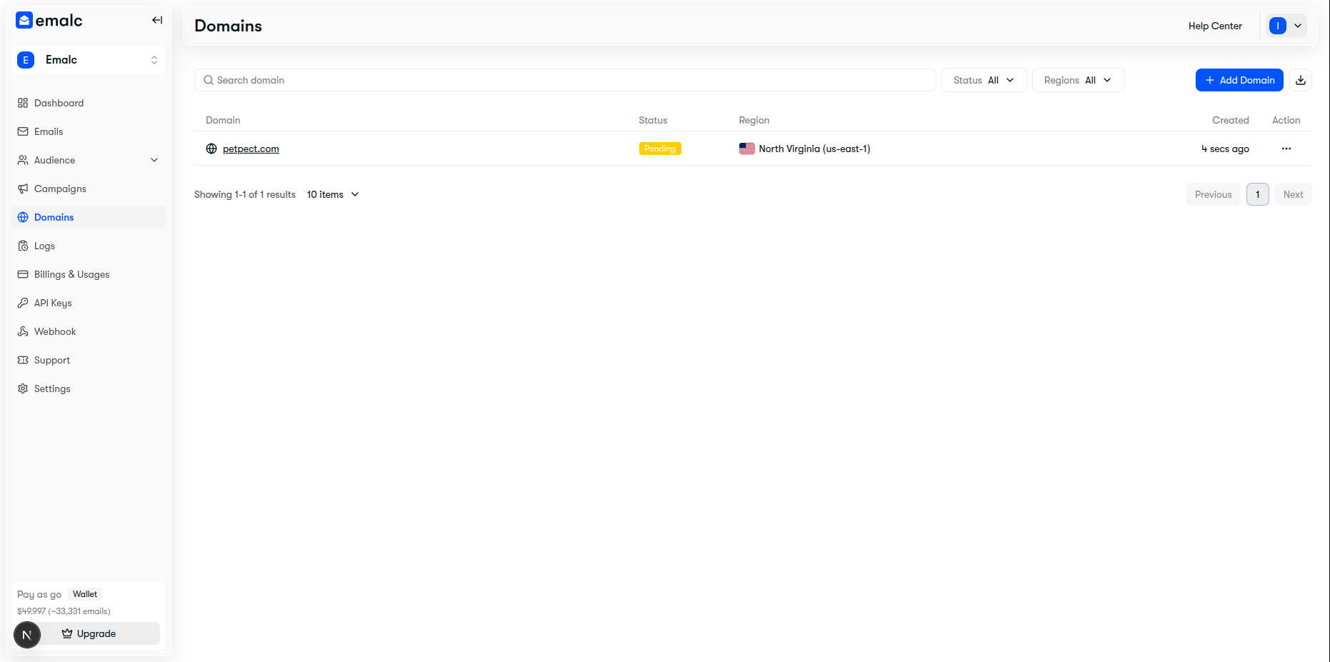 Domain listed with pending DNS verification status