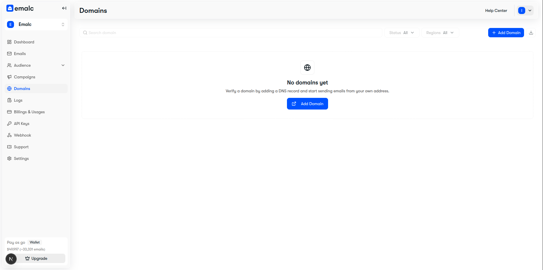 Emalc Domains dashboard empty state with Add Domain button