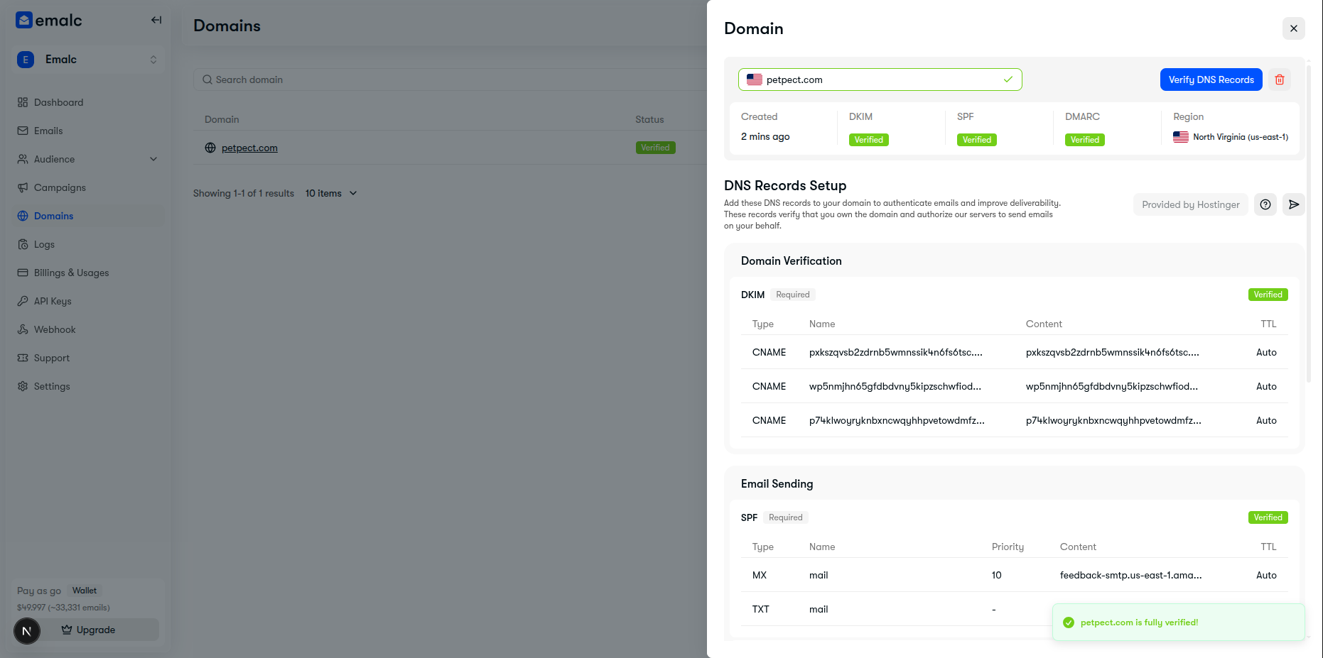 Verified sending domain in Emalc with active DKIM, SPF, and DMARC status