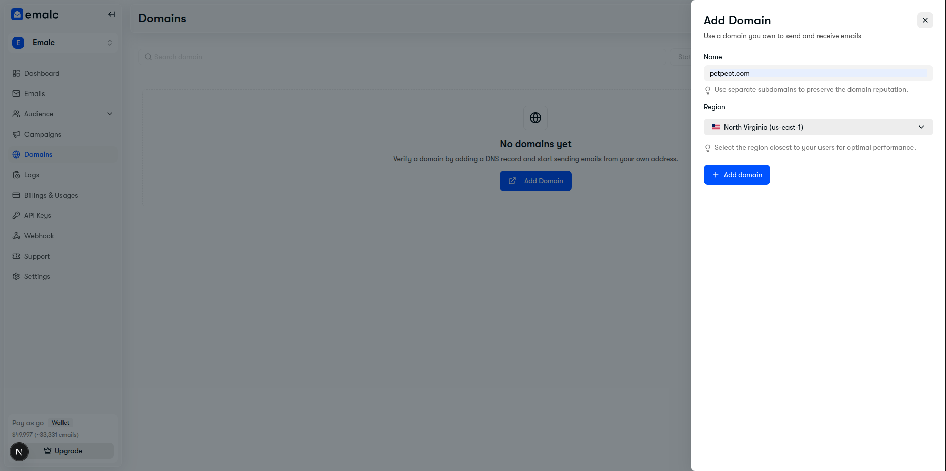 Entering sending domain name and selecting optimal AWS region